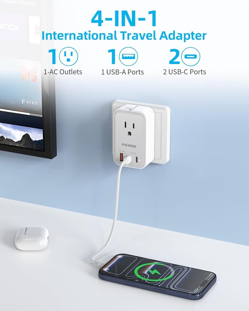 PAEWOK Universal Travel Adapter USB C, European Travel Power Adapter with 1 AC Outle and USB Fast Charging (PD 20W), Foldable Type C/G/A/I Plug, White - Image 4